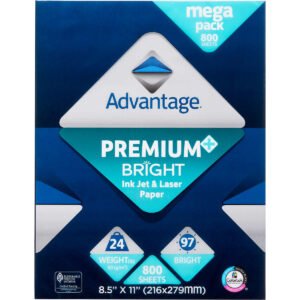 Advantage Premium Bright Inkjet & Laser Paper, 97 Bright, 24 lb, White, 8-1/2" x 11", 1 Ream, Mega Pack 800 Sheets