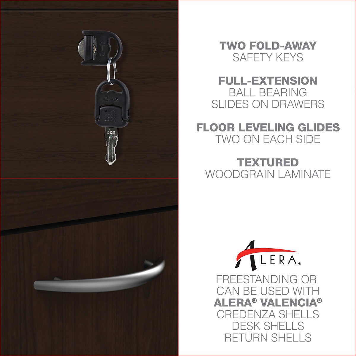 Alera Valencia Series Box and File Pedestal, 15.63"W x 20.5"D x 28.5"H, Espresso - Image 7