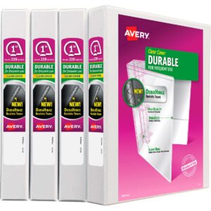 Avery Durable View Binder, 1" Slant Rings, 220 Sheet Capacity, DuraHinge, White, 4 ct
