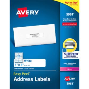 Avery Easy Peel Address Labels with Sure Feed, Laser, White, 1" x 4", 5000 Labels