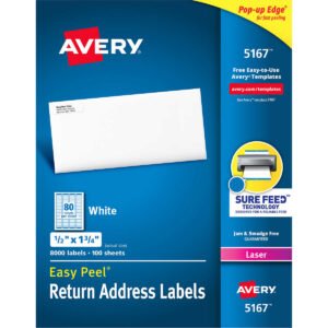 Avery Easy Peel Return Address Labels with Sure Feed, Laser, White, 1/2" x 1-3/4", 8000 Labels