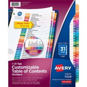Avery Ready Index Durable Table of Contents Dividers, White with Assorted Color Tabs, 1-31 Tab Set, 3 Sets