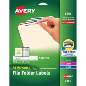 Avery Removable File Folder Labels with Sure Feed, Laser/Inkjet, Assorted Colors, 2/3" x 3-7/16", 750 Labels