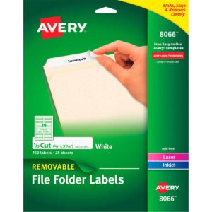 Avery Removable File Folder Labels with Sure Feed, Laser/Inkjet, White, 2/3" x 3-7/16", 750 Labels