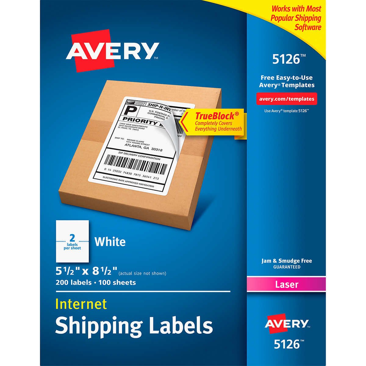 Avery TrueBlock Internet Shipping Labels, Laser, White, 5-1/2" x 8-1/2", 200 Labels