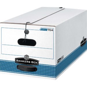 Bankers Box Stor/File Storage Box, Medium Duty, String/Button Closure, 24" Letter, White/Blue, 12 ct