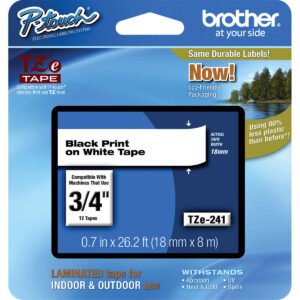 Brother P-Touch TZE Adhesive Label Tape, 3/4"W x 26'L, Black on White Tape