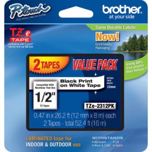 Brother P-Touch TZE Label Tape, 1/2"W x 26-1/5'L, Black on White, 2 ct