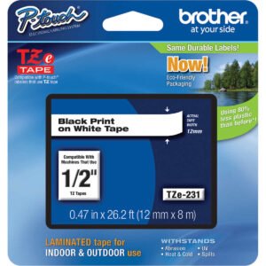 Brother P-Touch TZE Label Tape, 1/2"W x 26-1/5'L, Black on White