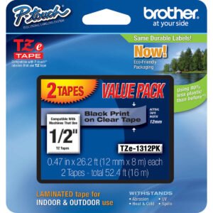 Brother P-Touch TZE Label Tape, 1/2"W x 26'L, Black on Clear, 2 ct