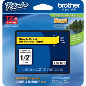 Brother P-Touch TZE Label Tape, 1/2"W x 26'L, Black on Yellow