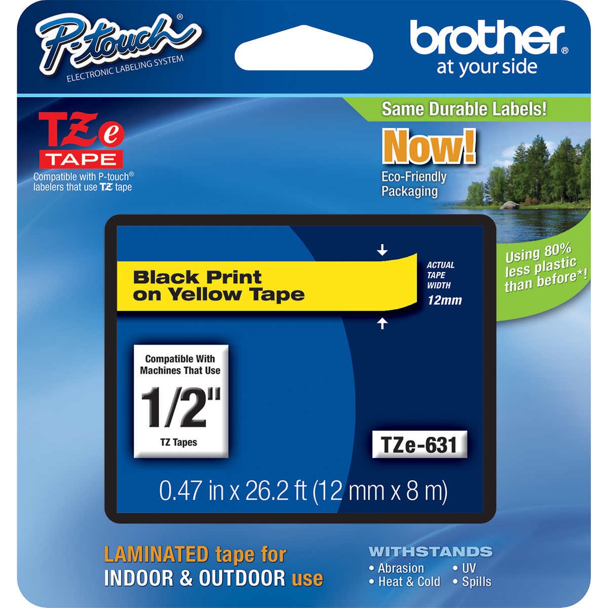 Brother P-Touch TZE Label Tape, 1/2"W x 26'L, Black on Yellow