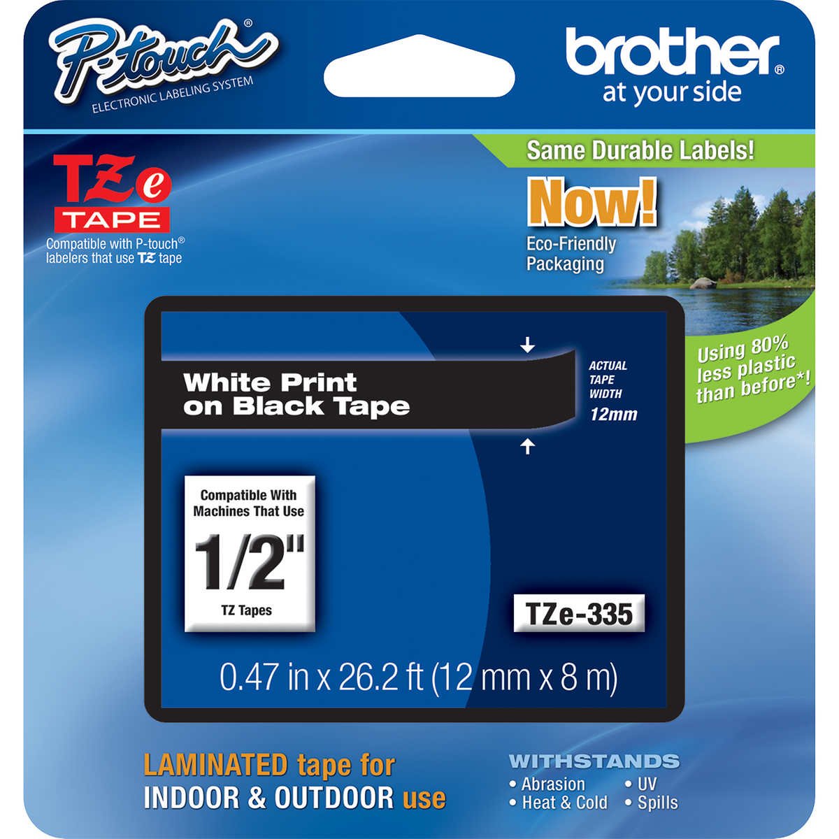 Brother P-Touch TZE Label Tape, 1/2"W x 26'L, White on Black