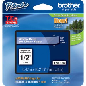 Brother P-Touch TZE Label Tape, 1/2"W x 26'L, White on Clear