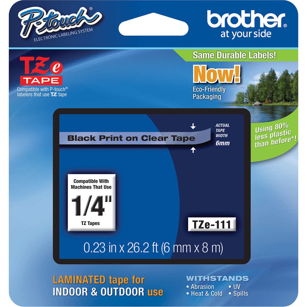 Brother P-Touch TZE Label Tape, 1/4"W x 26'L, Black on Clear