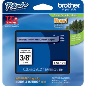 Brother P-Touch TZE Label Tape, 3/8"W x 26'L, Black on Clear