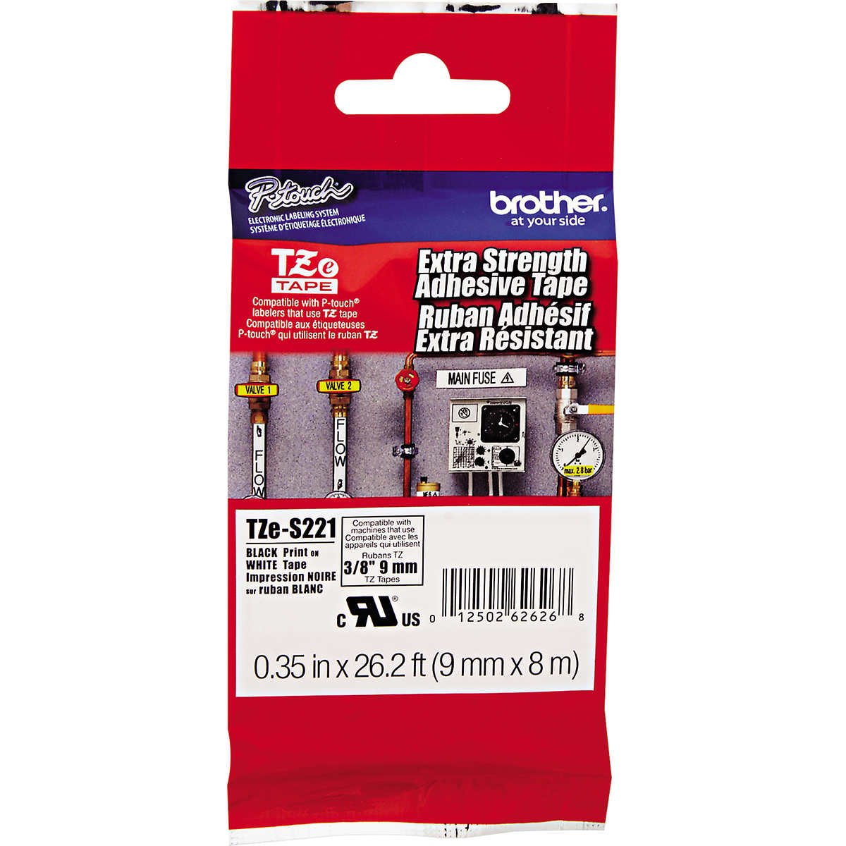 Brother P-Touch TZE Label Tape, 3/8"W x 26'L, Black on White