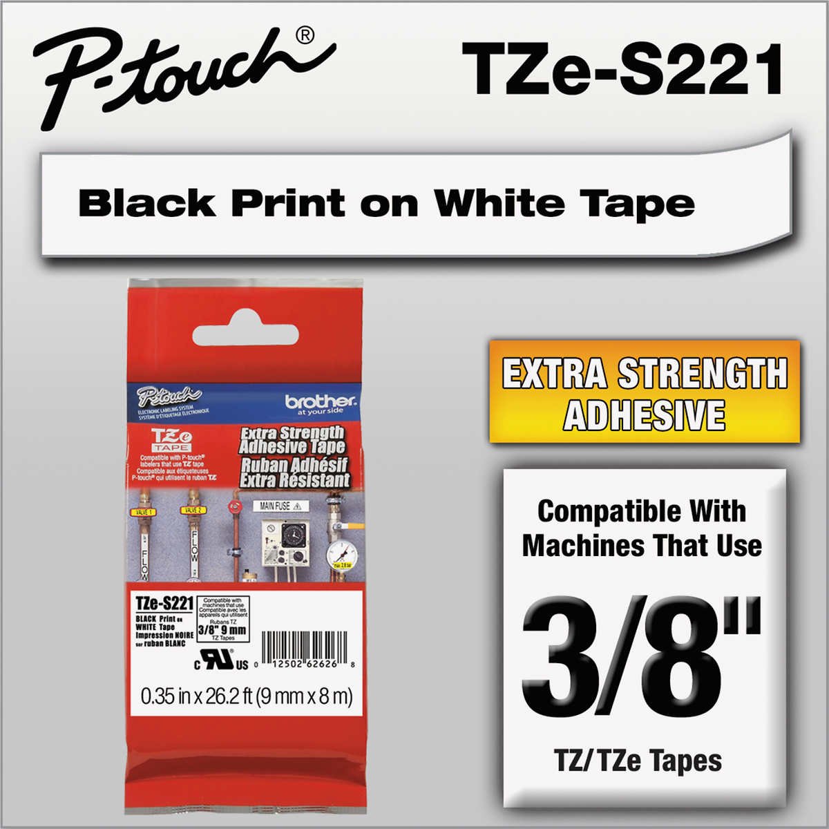 Brother P-Touch TZE Label Tape, 3/8"W x 26'L, Black on White - Image 2