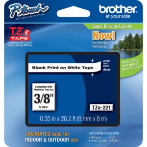 Brother P-Touch TZE Label Tape, 3/8"W x 26'L, Black on White