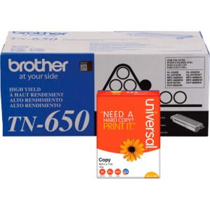 Brother TN650 Toner Cartridge, High Yield, Black, 2 pk with Bonus Ream of Paper