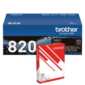 Brother TN820 Toner Cartridge, Standard Yield, Black, 2 pk with Bonus Ream of Paper