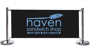 Café Barrier System w/ 4 Custom Banners (1 Color Printing) & 5 Stanchions - Black