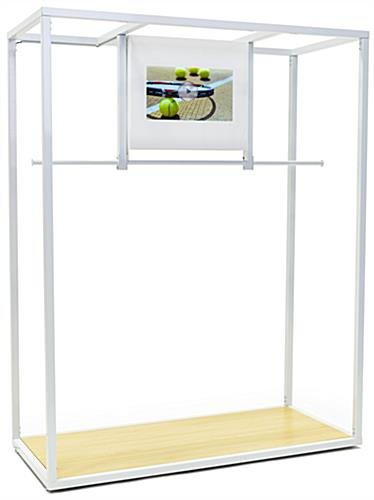 Clothing Rack with 21.5" Digital Screen, Maple MDF Base & Partitioned Rail - White