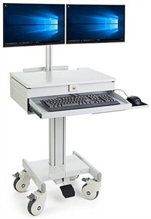 Computer Cart for (2) 15” -23” Screens, Height Adjustable, Locking Drawer – Gray