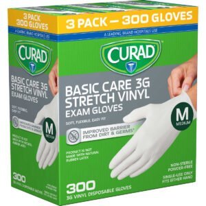 Curad Basic Care 3G Vinyl Exam Gloves, Medium, 300 ct