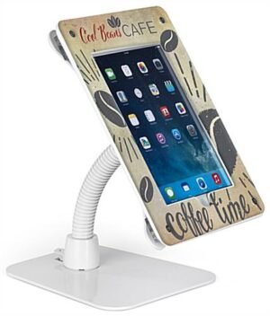 Custom iPad Counter Stand, Acrylic Enclosure, Gooseneck Arm - White