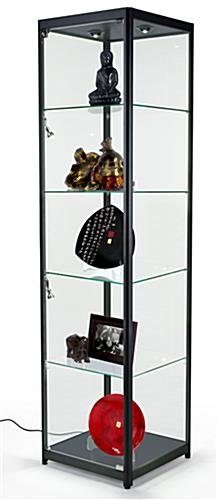 Display Case w/ LED Lighting, 4 Fixed Shelves & Locking Door - Black