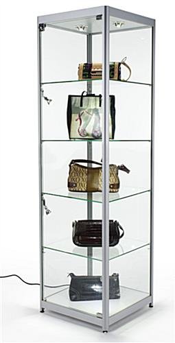 Display Case w/ LED Lighting, 4 Fixed Shelves & Locking Door - Silver