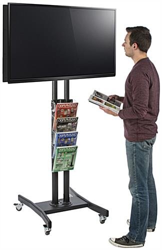 Dual TV Stand w/ 4 Pocket Literature Rack, (2) 32”-65” Screens, Double-Sided – Black - Image 5