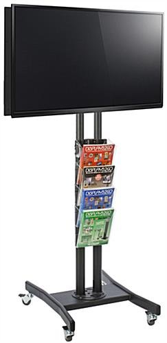 Dual TV Stand w/ 4 Pocket Literature Rack, (2) 32”-65” Screens, Double-Sided – Black