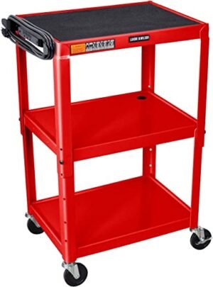 Duraweld AVJ42-RD Luxor Adjustable Height Cart, Four 4" Swivel Casters (Two with Locking Brake), 24" x 18" Shelves, Red