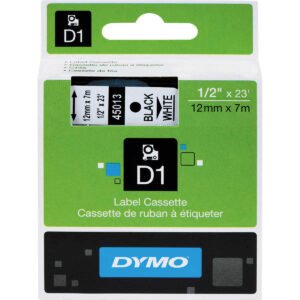 DYMO D1 Label Tape, 1/2"W x 23'L, Black on White