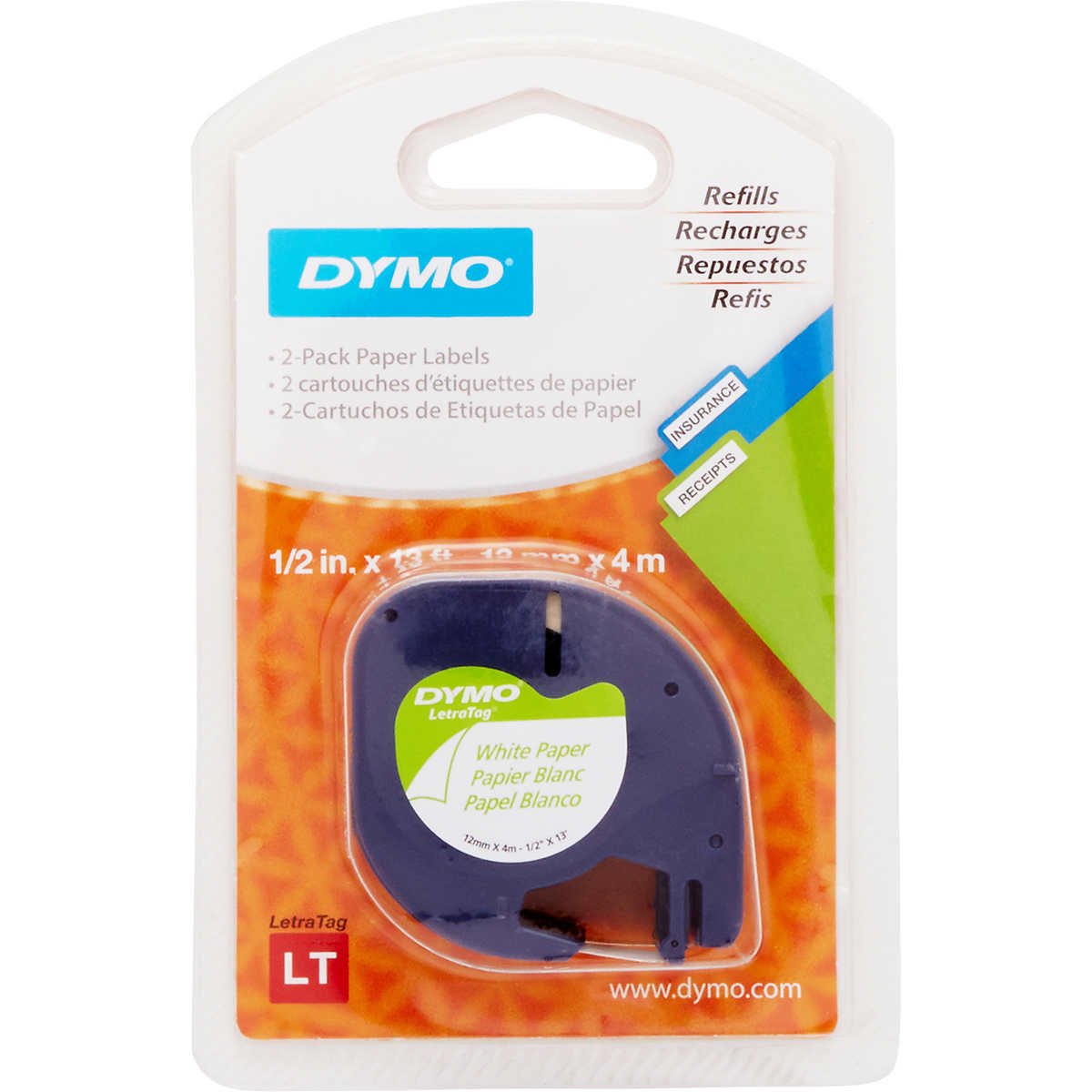 DYMO Self-Adhesive Paper Label Tape, 1/2"W x 13'L, Black on White, 2 ct - Image 2