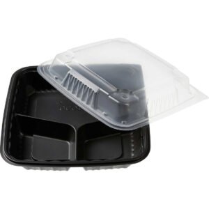 Ecopax 3 Compartment Tray with Lid, 9" x 9" x 3", Black, 150 ct