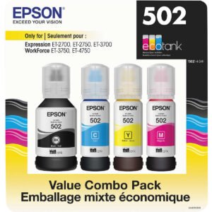 Epson 502 EcoTank Ink Bottles, Ultra-High, Cyan/Magenta/Yellow/Black, 4 pk