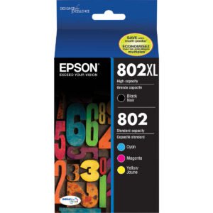 Epson 802/802XL Ink Cartridge, High Yield Black and Standard Yield Cyan/Magenta/Yellow, 4 pk