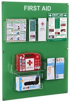 First Aid Info Station w/ Shelf, 6 Brochure Pockets & Sign Holder, Wall Mount - Green