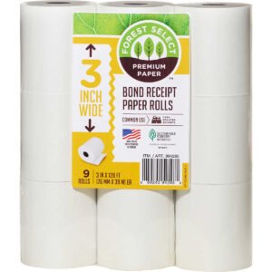 Forest Select Bond Receipt Paper Rolls, White, 3" x 128', 9 Rolls