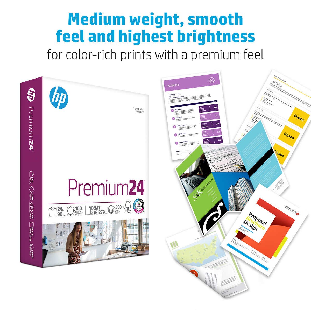 HP Premium24 Multipurpose Paper, 98 Bright, 24 lb, Ultra White, 8-1/2" x 11", 1 Ream, 500 Sheets - Image 2