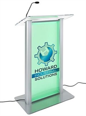 Illuminated Acrylic Podium, Frosted Panel, Aluminum Sides, Custom Artwork - Silver