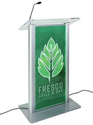 Illuminated Podium for Floor, Front LED Lights, Clear Panel, Custom Graphic - Silver
