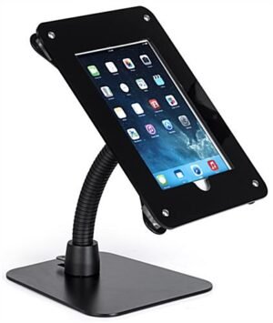 iPad Counter Stand, Acrylic Enclosure, Gooseneck Arm - Black
