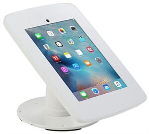 iPad Counter Stand w/ Flip Screen Share, Locked Enclosure, Hidden Home Button - White