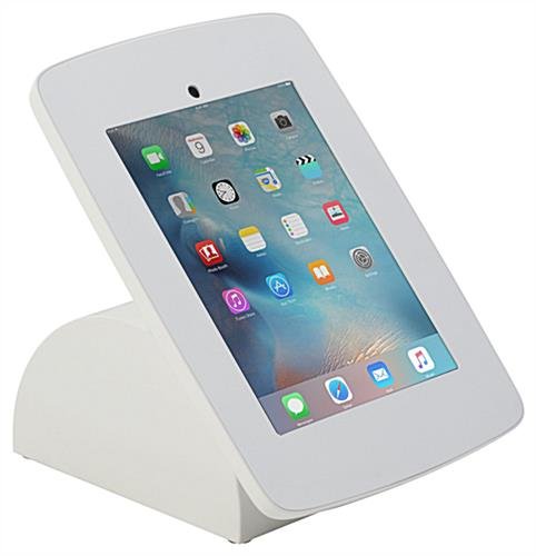 iPad Counter Stand w/ Flip Screen Share, Locked Enclosure, Hidden Home Button - White