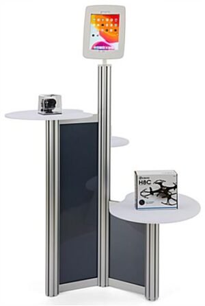 iPad Floor Stand w/ 3 Acrylic Tabletops, Integrated Power Supply, Locking - Silver