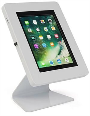 iPad Tablet Counter Stand, Foam Padding, Locking & Rotating Enclosure - White